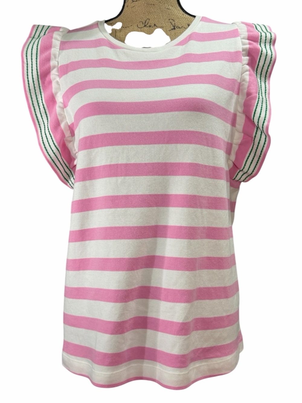 crown & ivy Pink and White Striped Knit Top with Ruffle Trim. NWT. Size large